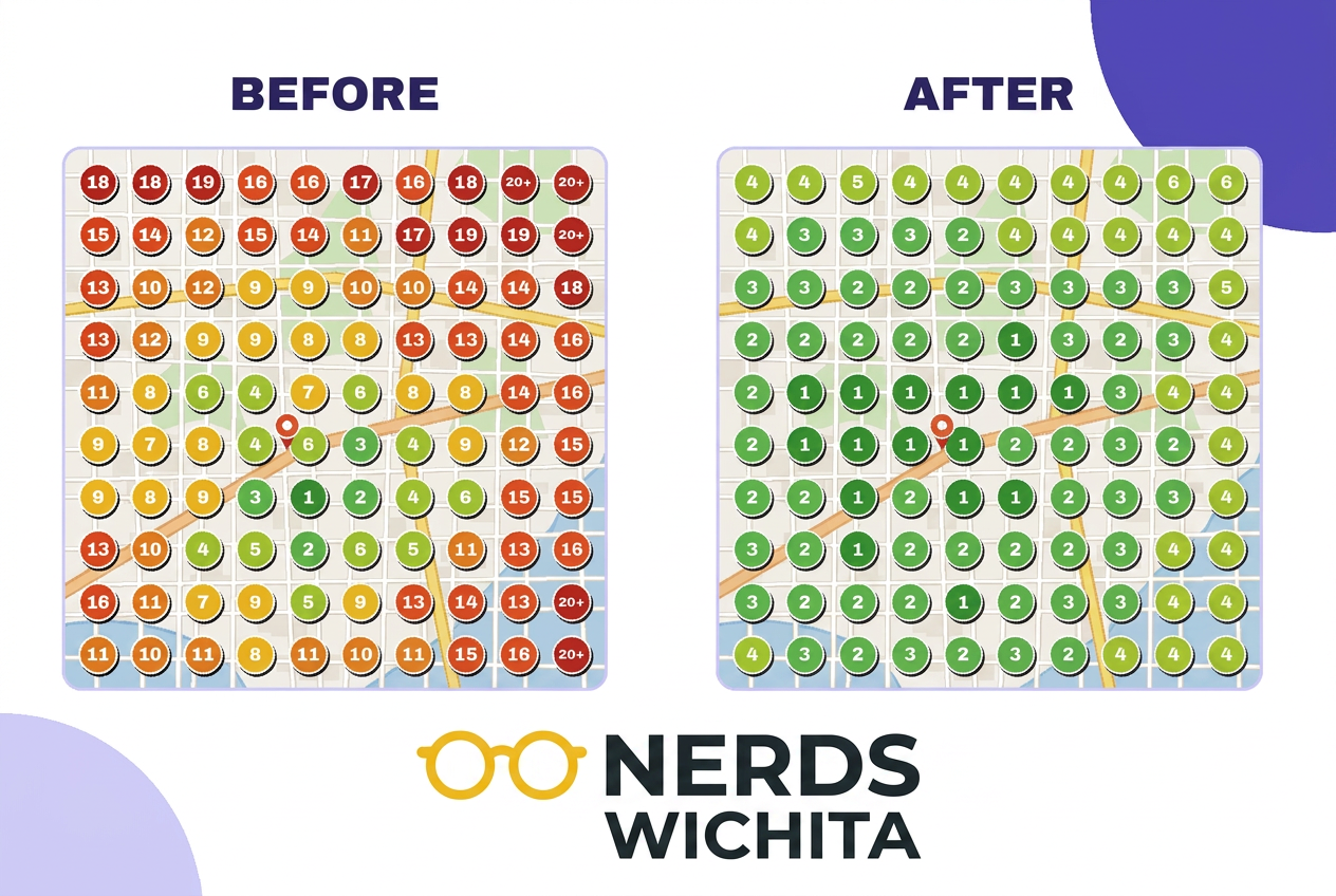 Local rank grid before and after Nerds Wichita — red rankings turn green across the map